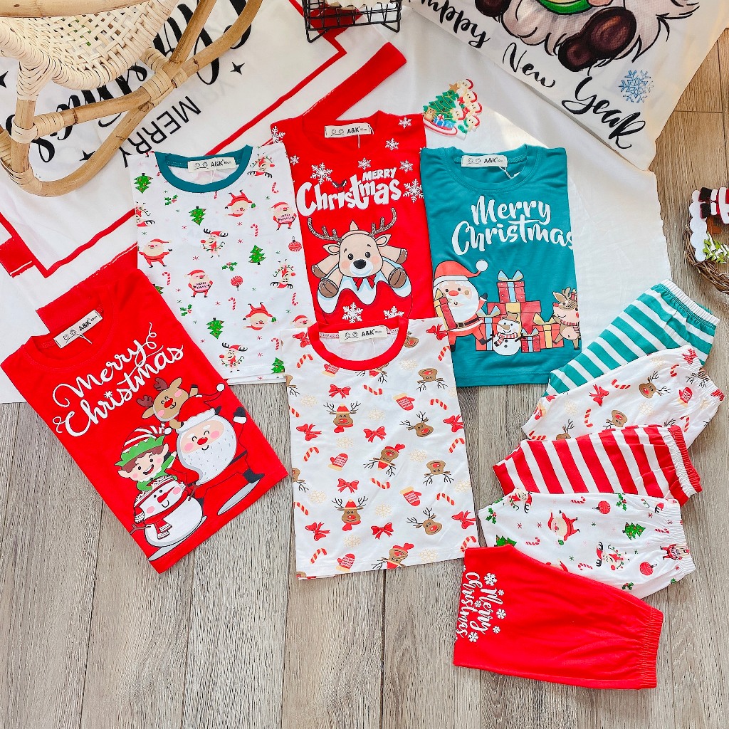 Bộ dài tay noel, minky thun lạnh sọc phối viền bo cho bé trai,gái dưới 1m2,từ 7kg đến 30kg  M.51