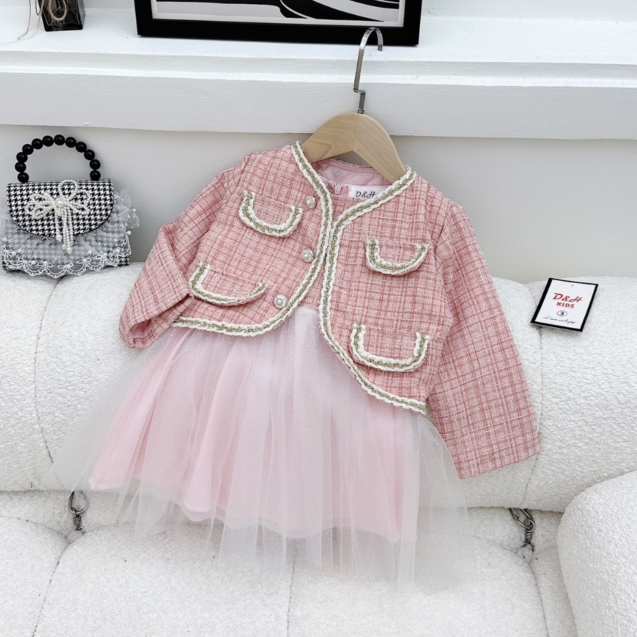 Set áo khoác dạ tweet kèm váy cho bé gái 10-36kg size đại Váy thu đông cho bé gái diện Tết, Noel Hadukids