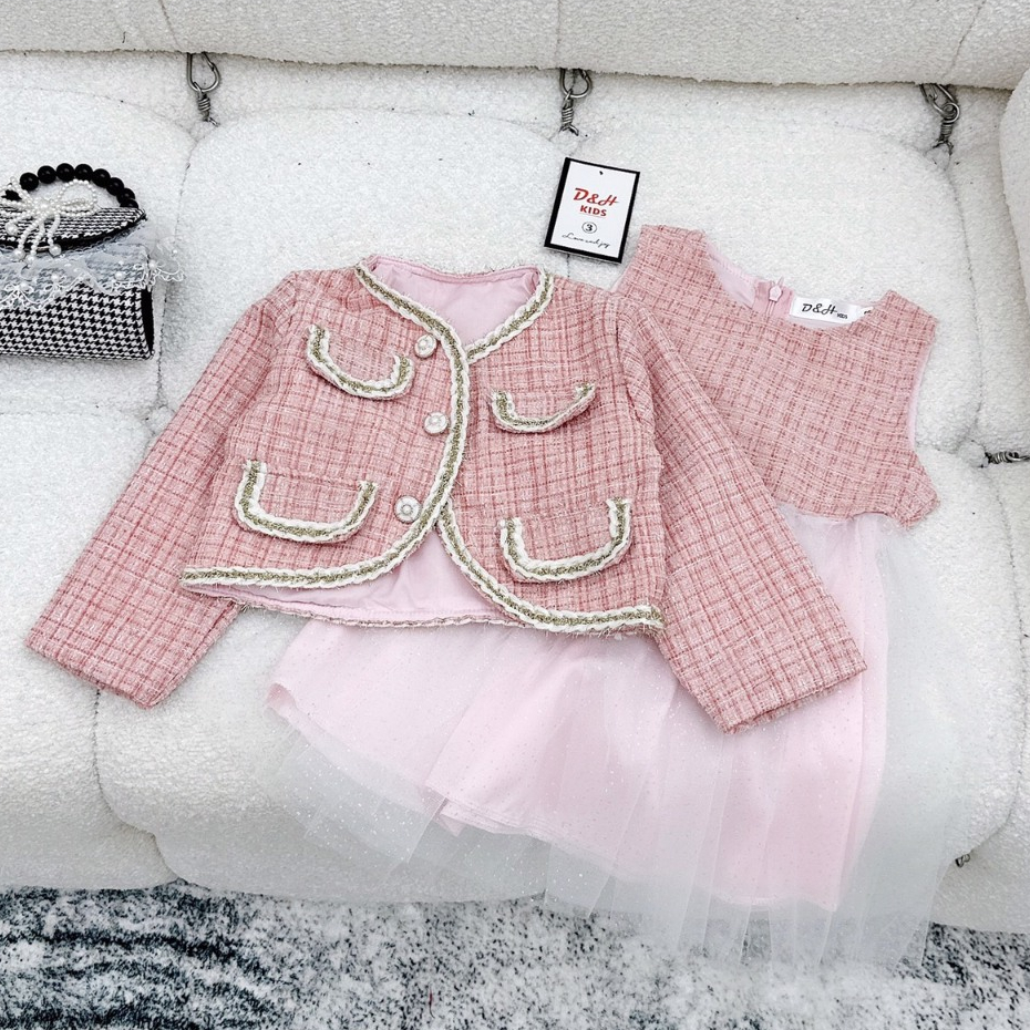 Set áo khoác dạ tweet kèm váy cho bé gái 10-36kg size đại Váy thu đông cho bé gái diện Tết, Noel Hadukids