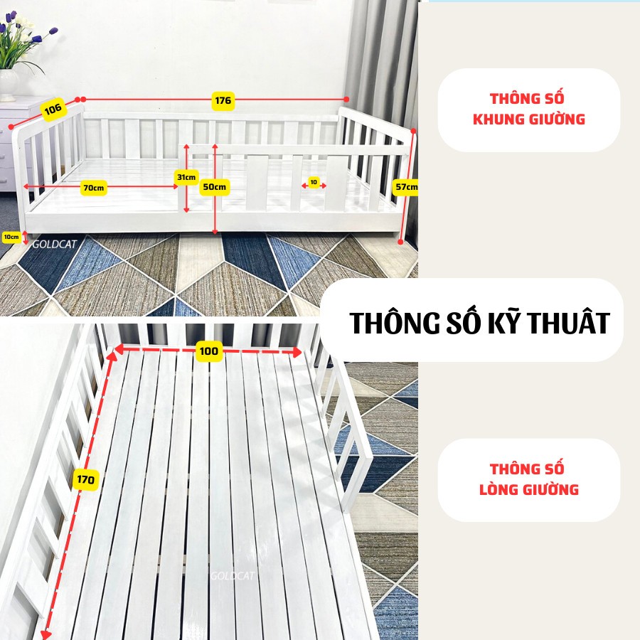 Giường Gỗ GoldCat Cho Bé  Phong Cách Hàn Quốc, có thanh chắn giường an toàn cho trẻ từ 1-15 tuổi