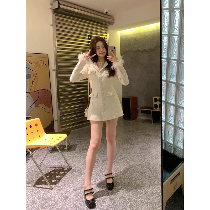 Váy Dạ Tweed Cổ Bẻ Tay Phối Lông