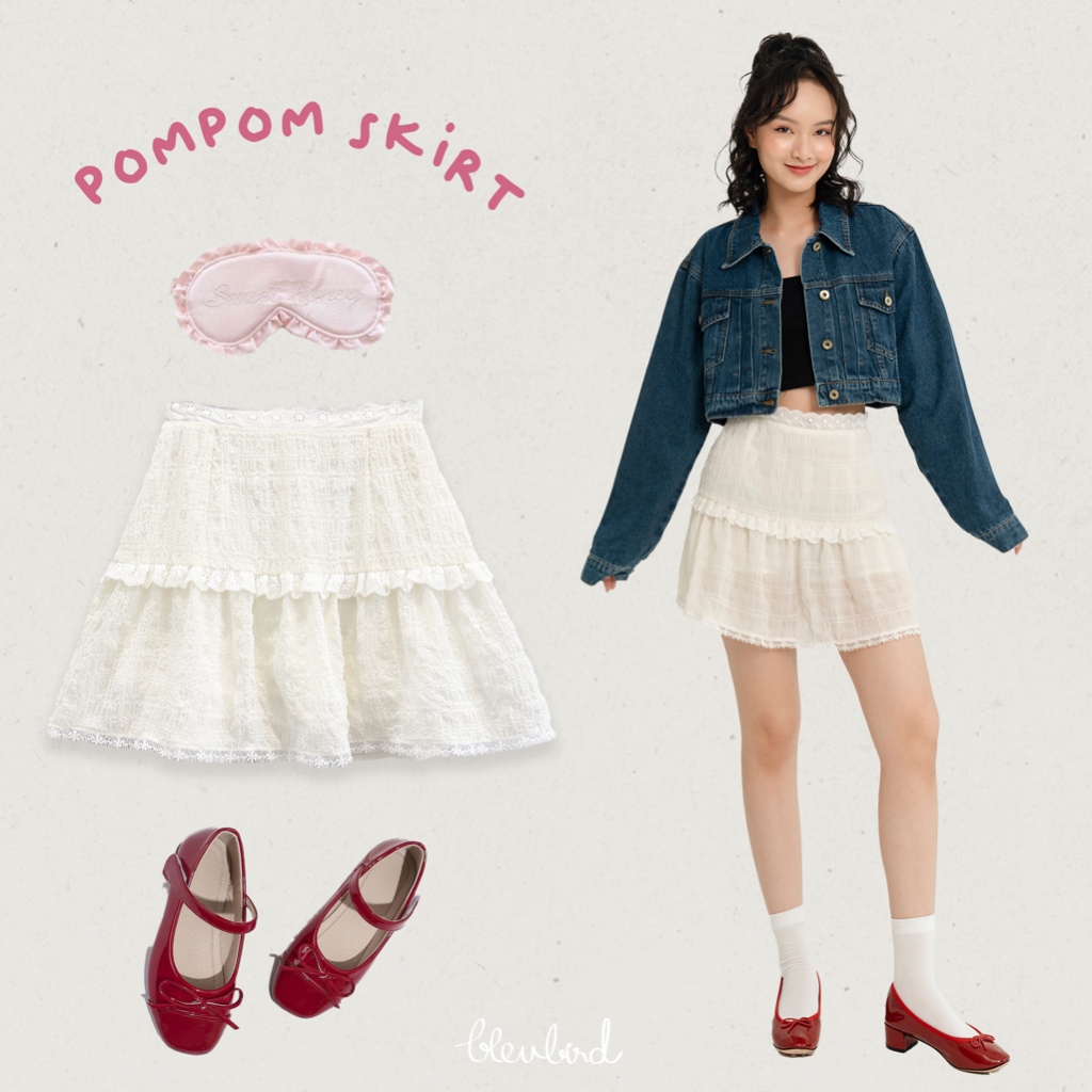 BLEUBIRD Chân váy cạp ren dáng xòe Pompom Skirt