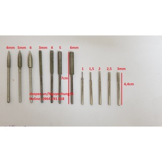 Đầu mài dũa kim cương - mũi mài kim cương hình trụ hoặc đầu nhọn cán trục 3mm hoặc làm mũi mài cưa lam xích