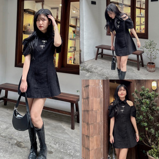 [Laila Dress] Váy dạ tex nhung cổ sơ mi hở vai kèm nơ ngọc tiểu thư có sẵn