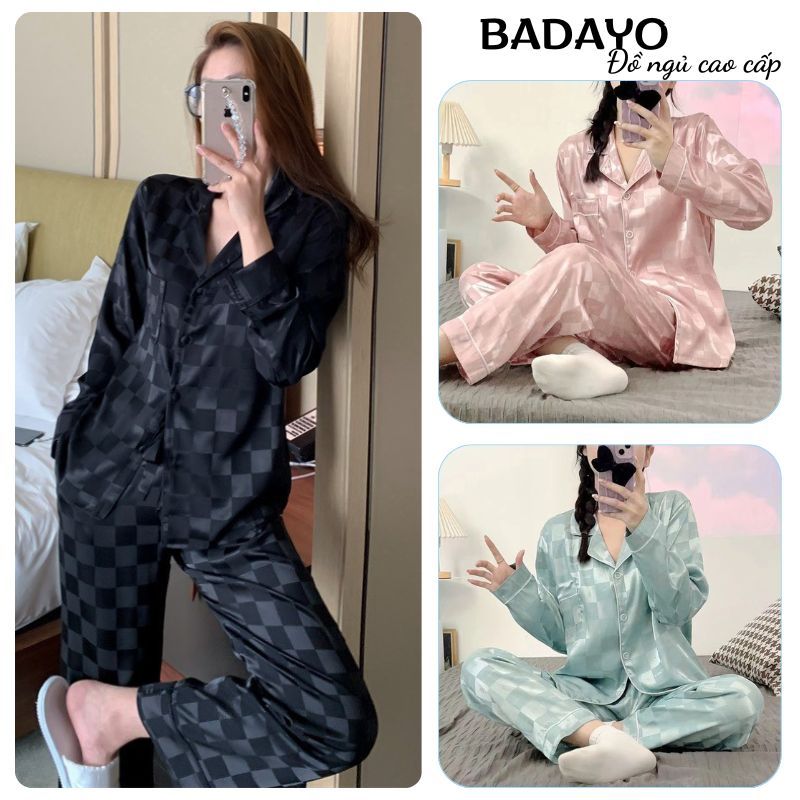 Đồ ngủ nữ pijama lụa dài tay quần dài in họa tiết caro siêu sang chảnh hàng Quảng Châu BADAYO