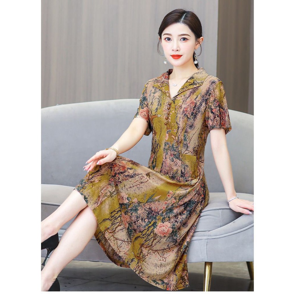 Đầm trung niên thun qua gối phong cách phương tây