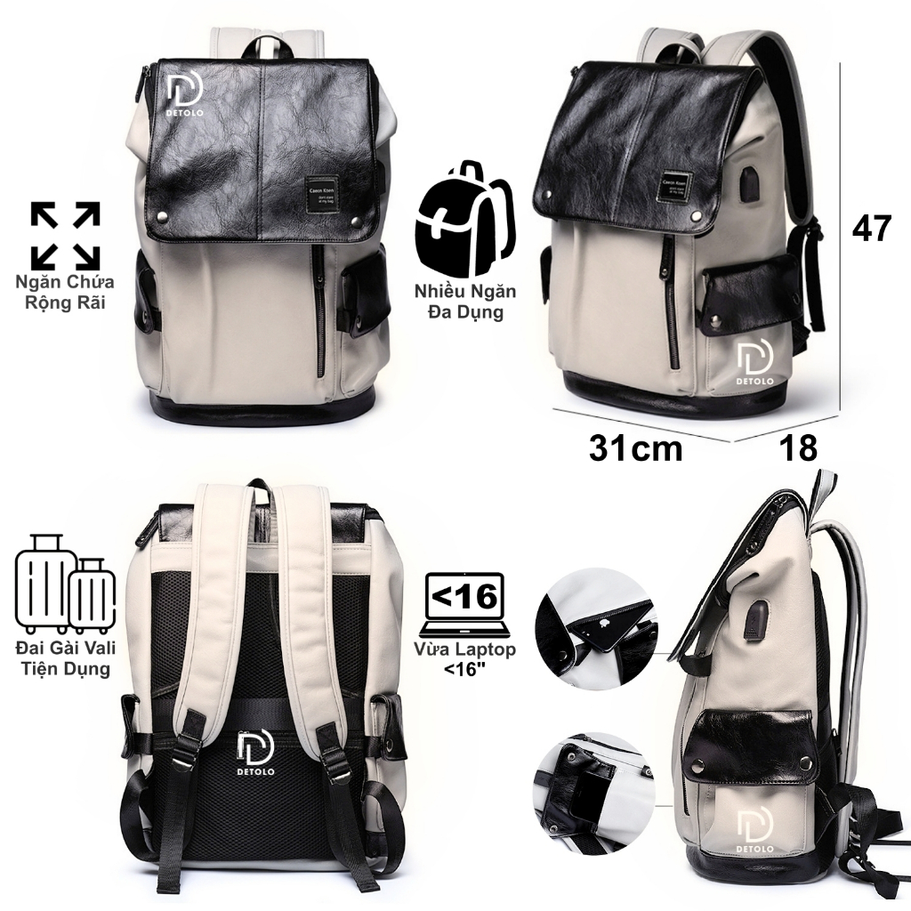 Balo da nam nữ thời trang DETOLO đựng laptop 15,6in 16in chống nước ngăn ipad ngăn quần áo du lịch 3 4 bộ