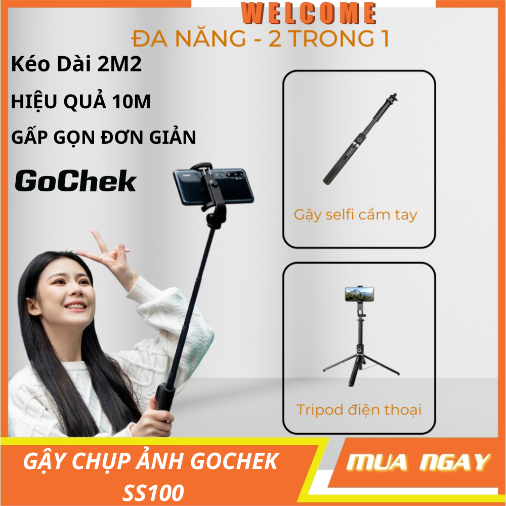 Gậy chụp ảnh tripod, Selfi bluetooth điện thoại, Livestream,Quay vlog đa năng kéo dài 2m2 Gochek SS100,Bảo hành 12 tháng