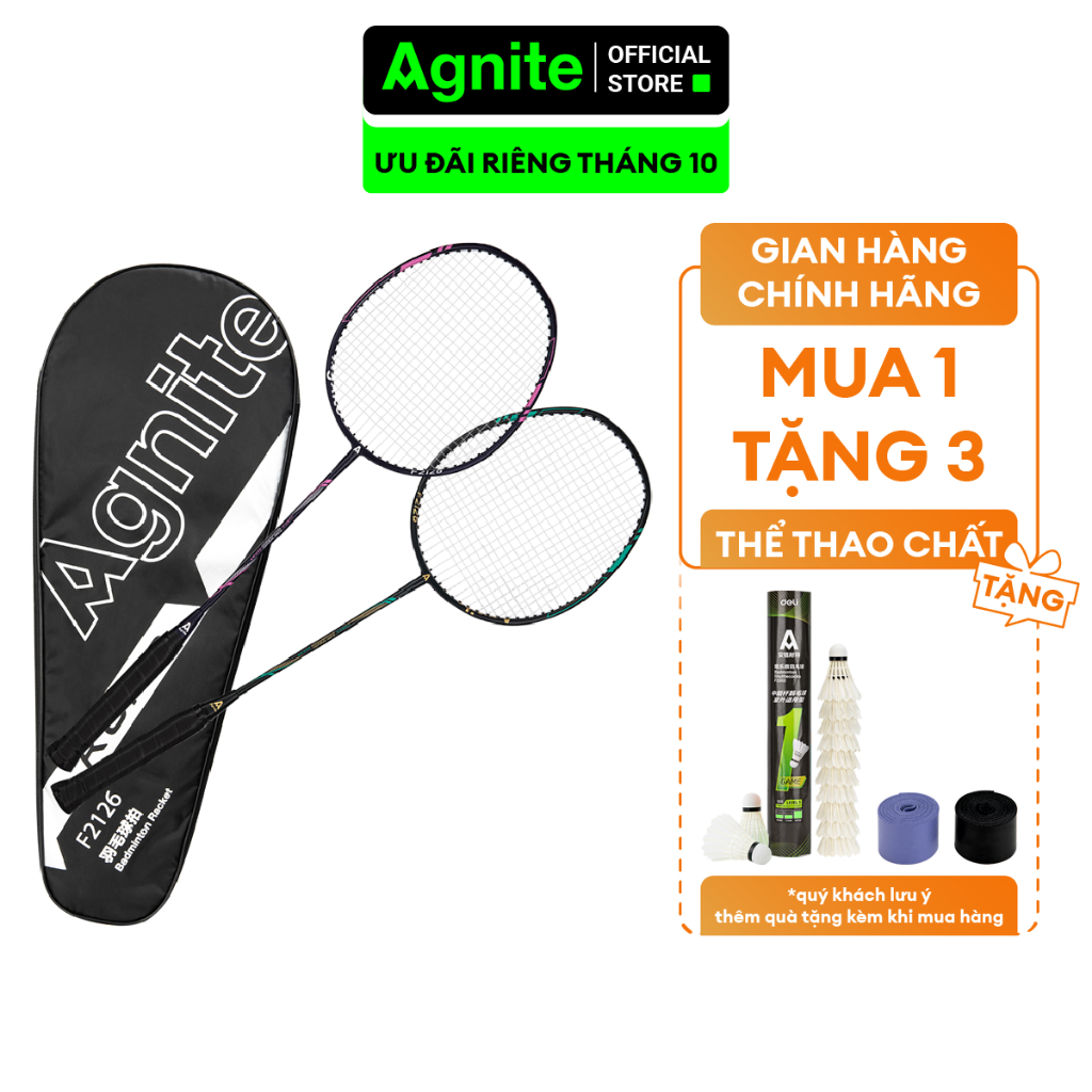 Bộ 2 vợt cầu lông cao cấp Agnite, chất liệu hợp kim nhôm carbon siêu bền nhẹ tặng 12 cầu