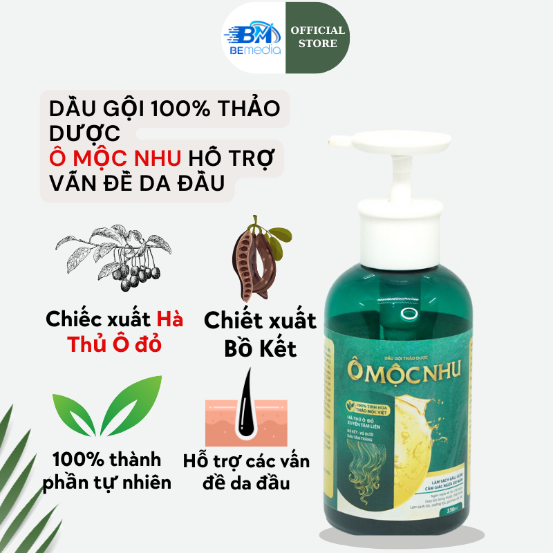 Dầu gội thảo dược Ô MỘC NHU Bồ Kết, Hà Thủ Ô, vỏ bưởi thành phần tự nhiên giảm gàu, ngứa nấm, lưu hương chai 330ml