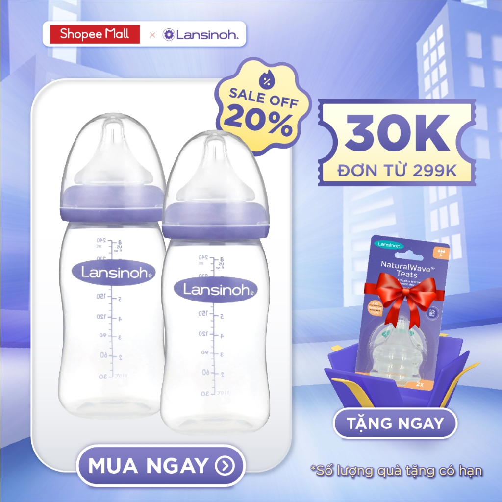 [MUA 2 BÌNH TẶNG 1 NÚM F] Combo 2 Bình Sữa Cổ Rộng Lansinoh 240ml