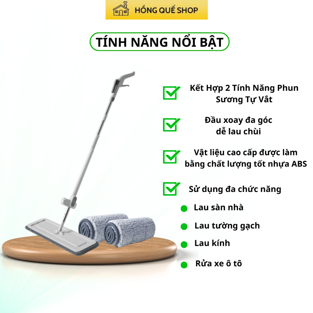 Cây Lau Nhà Phun Sương Tự Vắt Hồng Quế Đầu Xoay Đa Góc mặt lau 36cm Bảo Hành 6 Tháng