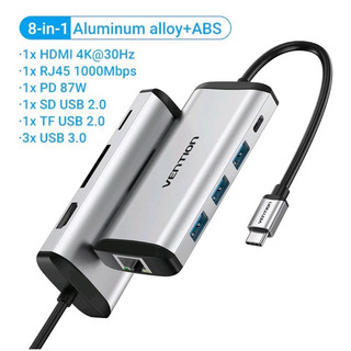 Bộ chuyển đổi hub 8 trong 1 vention type c to usb3.0 / hdmi / pd / rj45 / sd / tf card 8 in 1