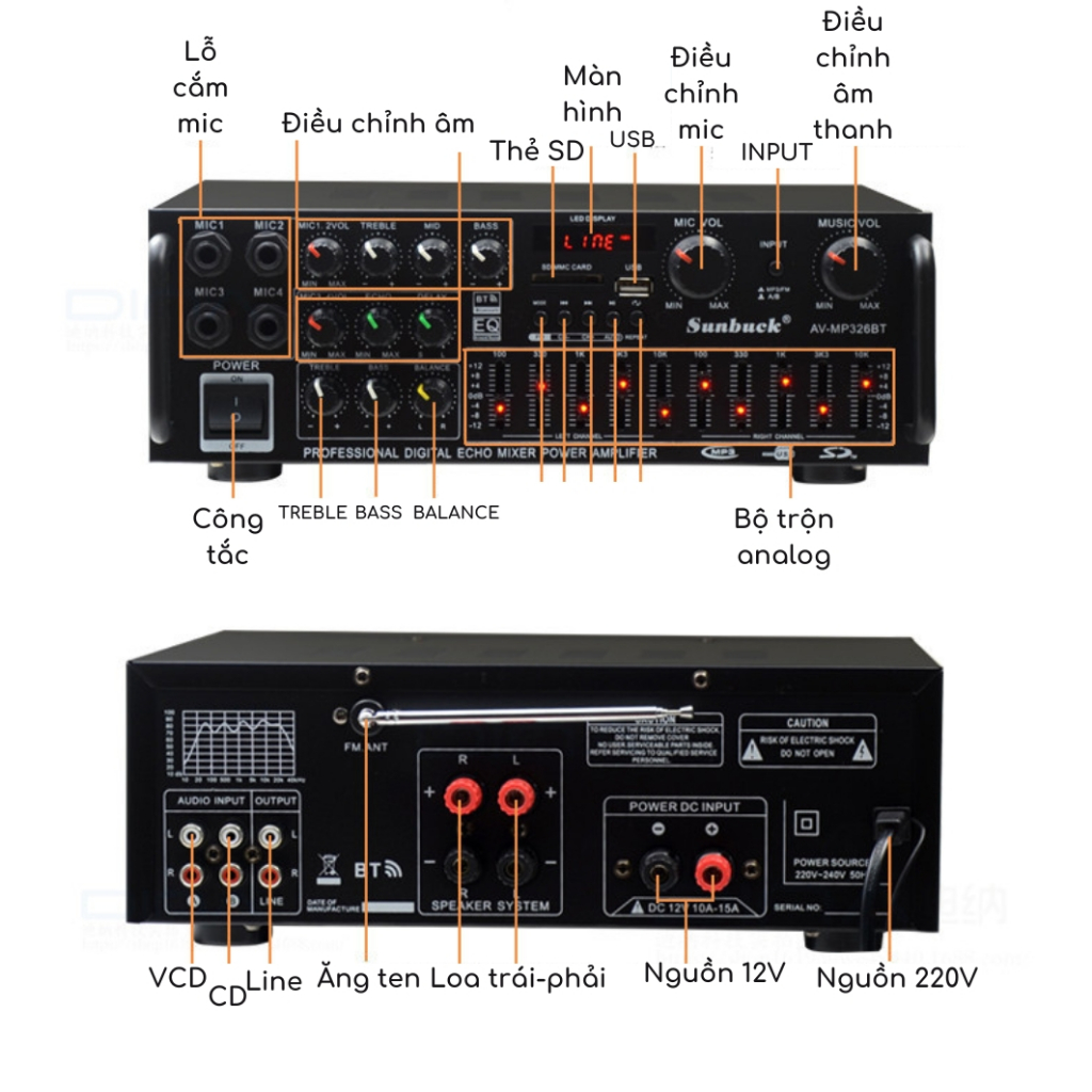Amply Karaoke Bluetooth Sunbuck 326BT 220V/12V Công Suất 400W, 4 Cổng Micro, Hát Karaoke Siêu Đỉnh, Âm Ly Trên Xe Hơi