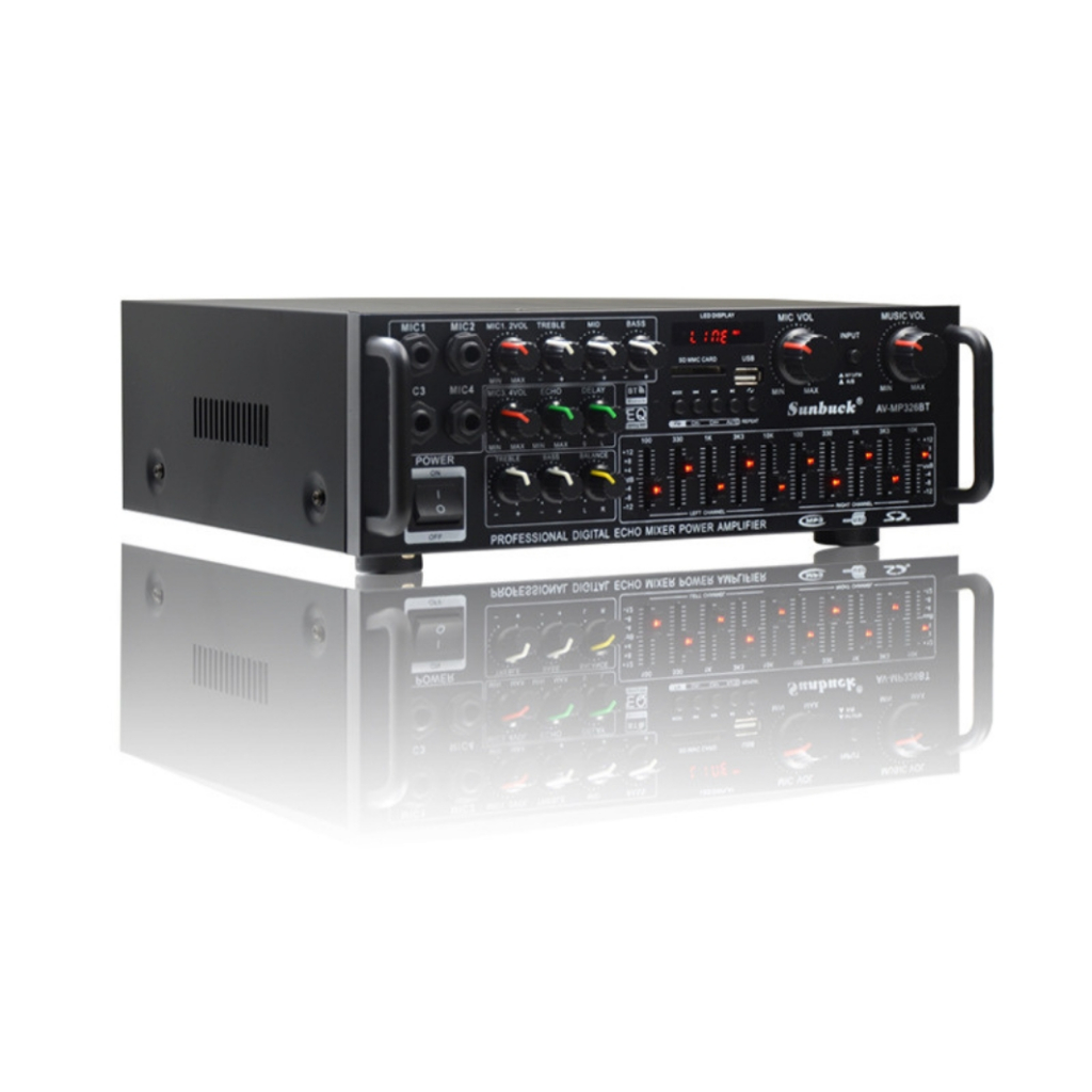 Amply Karaoke Bluetooth Sunbuck 326BT 220V/12V Công Suất 400W, 4 Cổng Micro, Hát Karaoke Siêu Đỉnh, Âm Ly Trên Xe Hơi