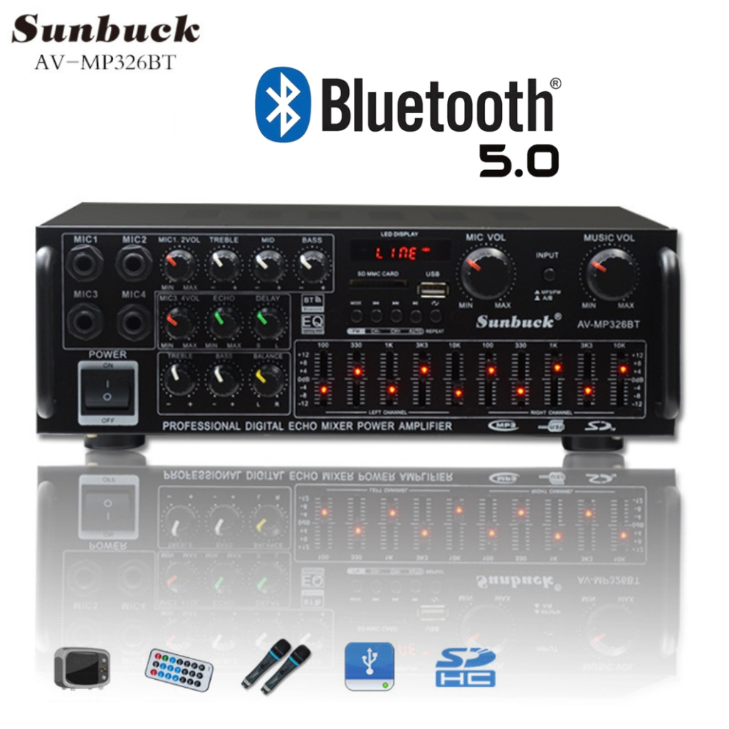 Amply Karaoke Bluetooth Sunbuck 326BT 220V/12V Công Suất 400W, 4 Cổng Micro, Hát Karaoke Siêu Đỉnh, Âm Ly Trên Xe Hơi