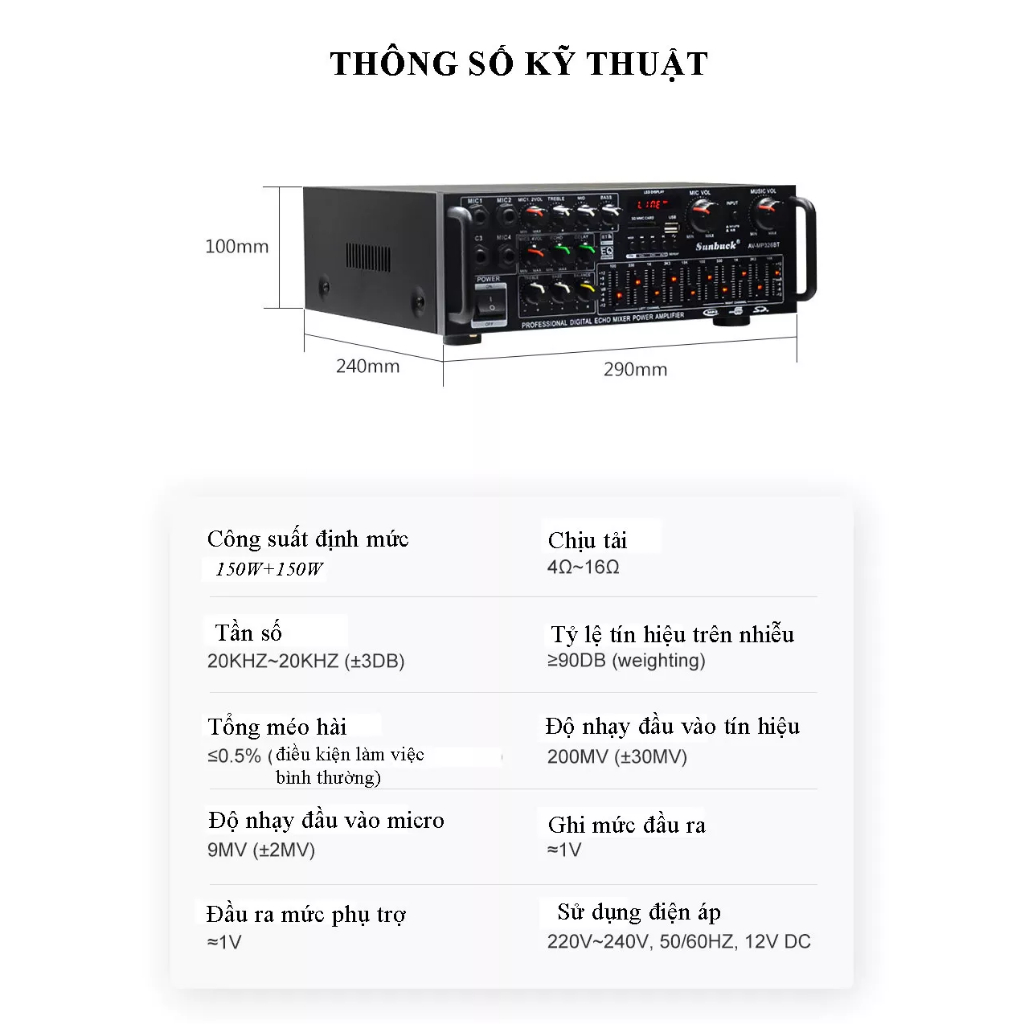 Amply Karaoke Bluetooth Sunbuck 326BT 220V/12V Công Suất 400W, 4 Cổng Micro, Hát Karaoke Siêu Đỉnh, Âm Ly Trên Xe Hơi