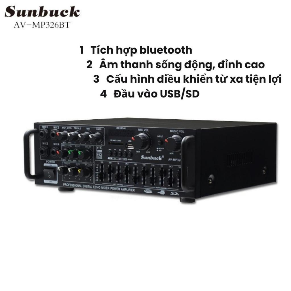 Amply Karaoke Bluetooth Sunbuck 326BT 220V/12V Công Suất 400W, 4 Cổng Micro, Hát Karaoke Siêu Đỉnh, Âm Ly Trên Xe Hơi
