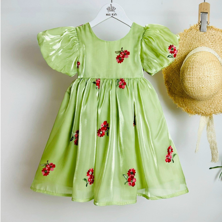 Váy đầm công chúa cho bé gái chất tơ organza sang sáng mịn, Đầm tơ Organza thiết kế thêu hoa cao cấp