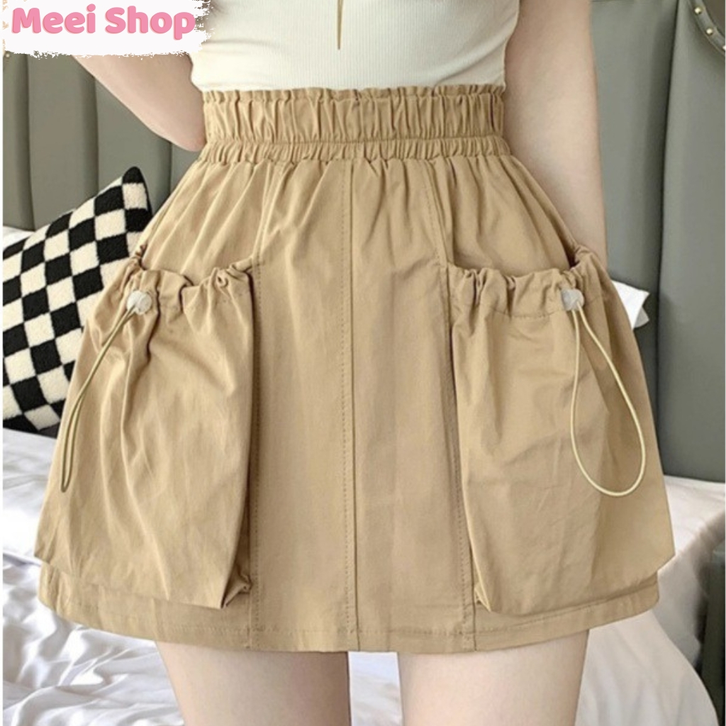 Chân váy kaki chữ A túi hộp nữ Meei Shop, Chân váy kiểu nữ có quần trong túi rút lưng chun -V20-