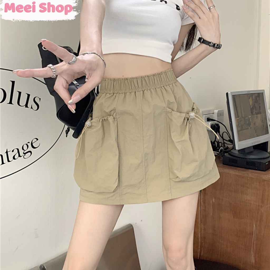 Chân váy kaki chữ A túi hộp nữ Meei Shop, Chân váy kiểu nữ có quần trong túi rút lưng chun -V20-