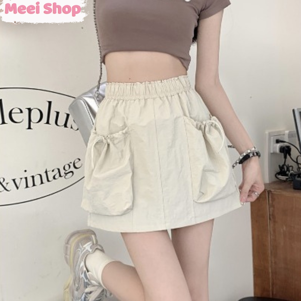 Chân váy kaki chữ A túi hộp nữ Meei Shop, Chân váy kiểu nữ có quần trong túi rút lưng chun -V20-
