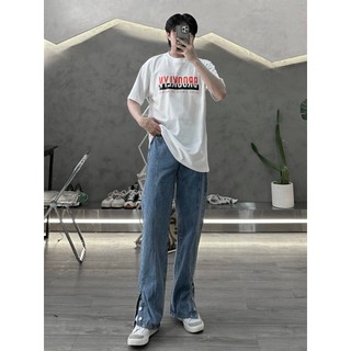 Quần jean xanh ống suông rộng thêu chữ phối nút bấm unisex nam nữ chất dày dặn