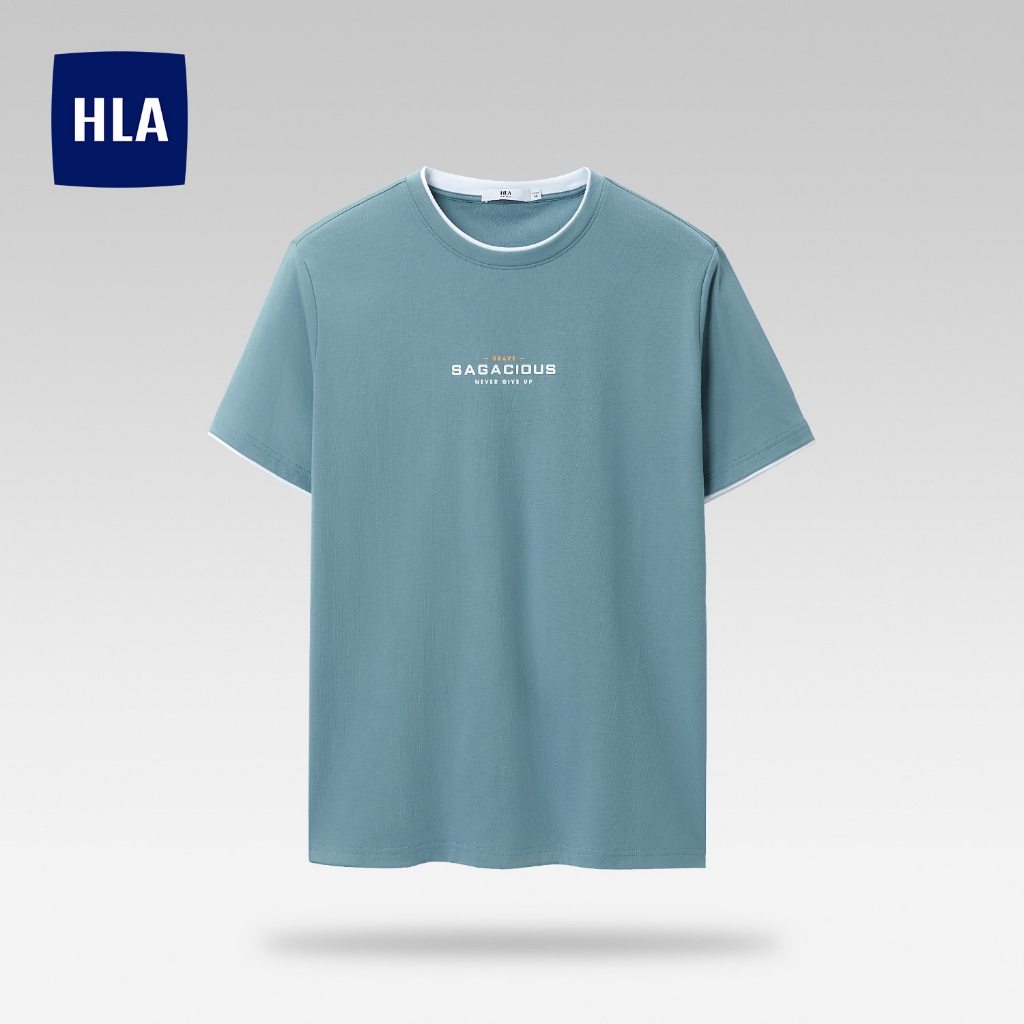 HLA - Áo thun nam ngắn tay in chữ viền cổ trắng cotton cao cấp White neckline letter printing light blue T-shirt