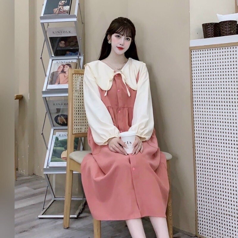 Váy bầu thu đông cổ bèo babydoll chất liệu nhung tăm