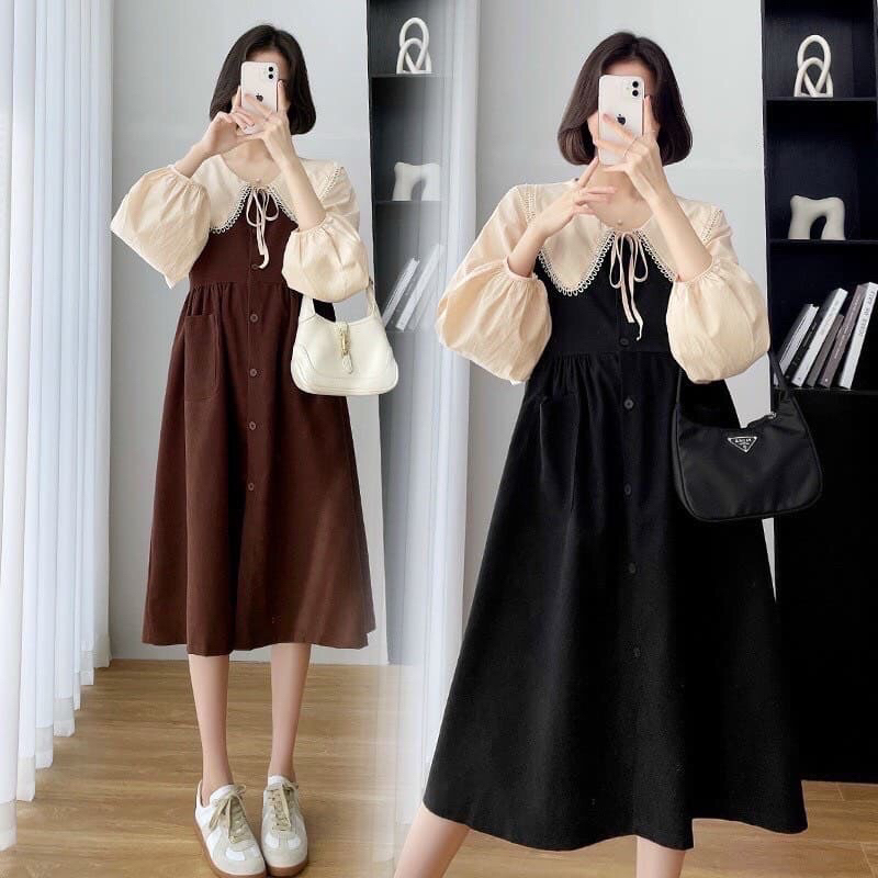 Váy bầu thu đông cổ bèo babydoll chất liệu nhung tăm