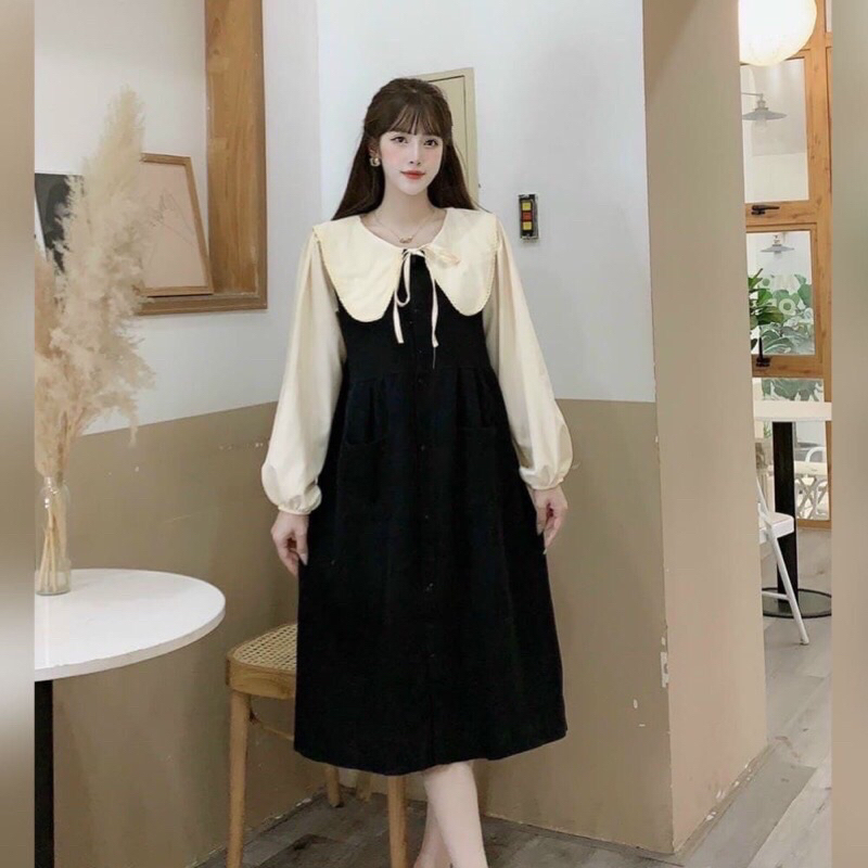 Váy bầu thu đông cổ bèo babydoll chất liệu nhung tăm