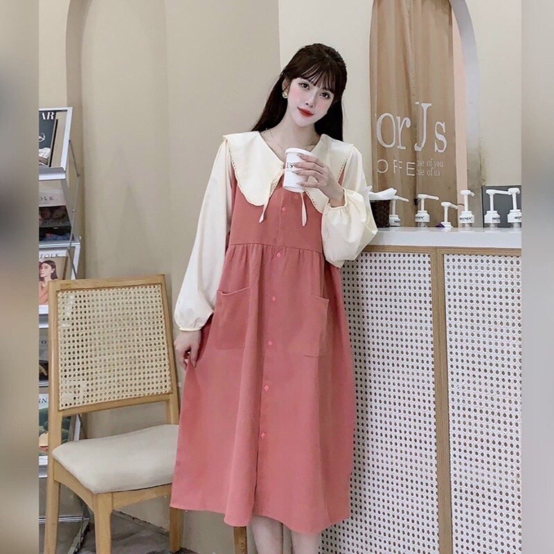 Váy bầu thu đông cổ bèo babydoll chất liệu nhung tăm