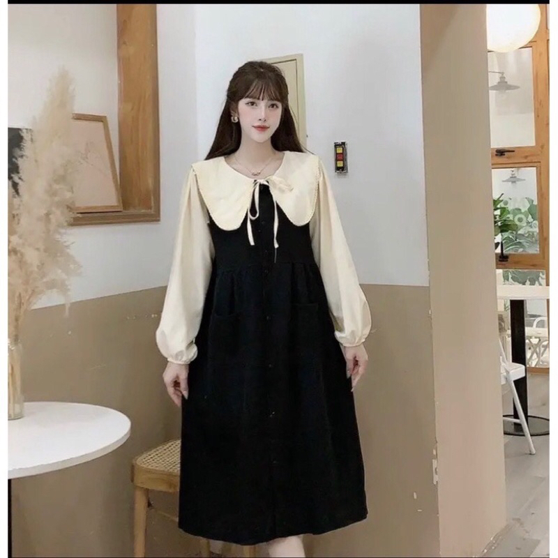 Váy bầu thu đông cổ bèo babydoll chất liệu nhung tăm