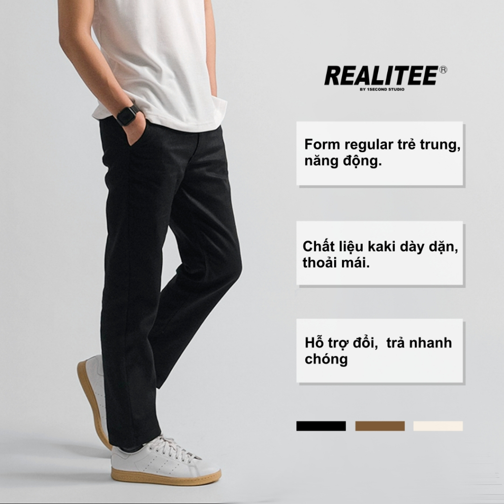 Quần Tây Kaki Dáng Baggy Suông Nam Cạp Cao Không Nhăn REALITEE