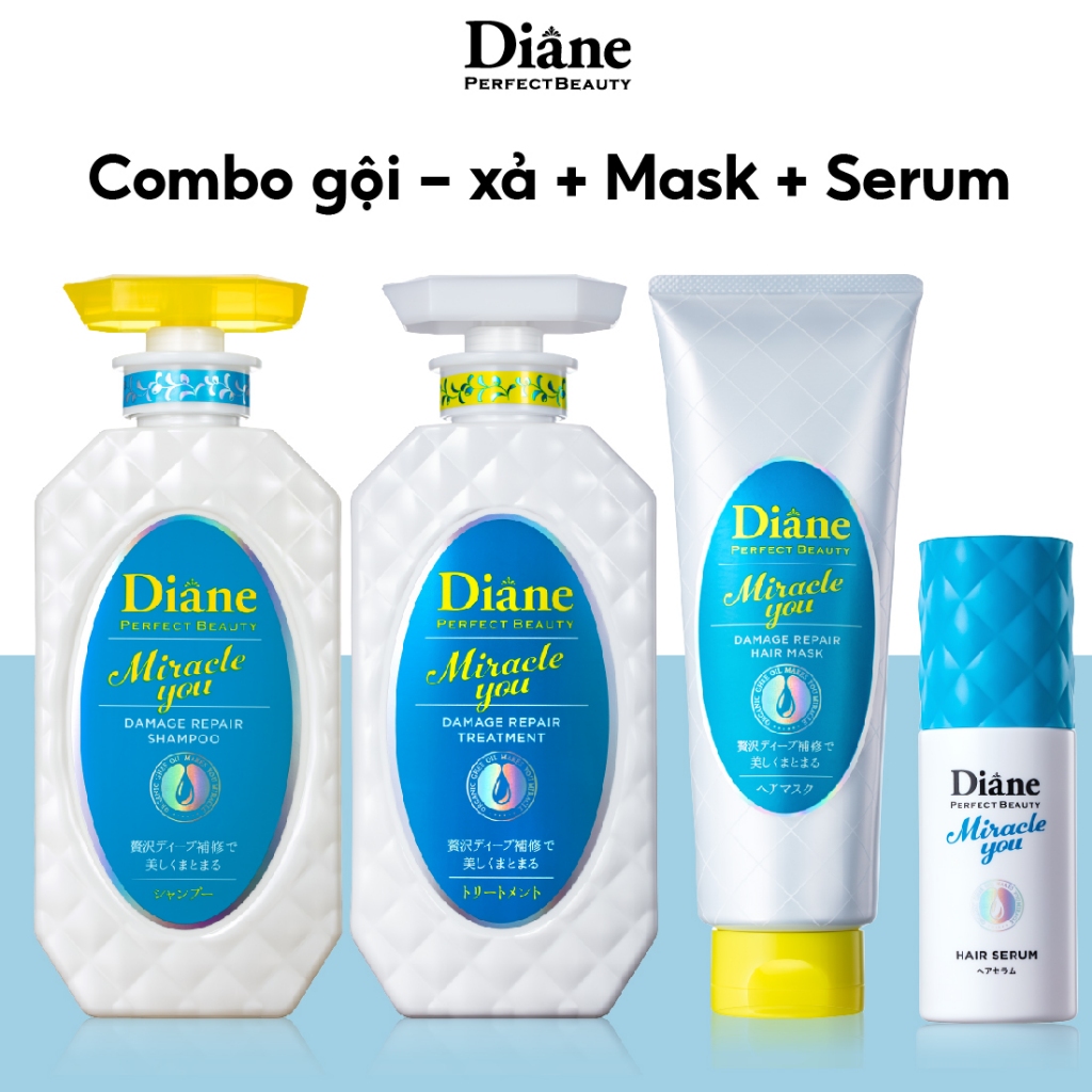 Combo 4 Dầu gội xả + Serum + Mặt nạ tóc dành cho tóc nhuộm tẩy Diane Miracle You Damage Repair & Treatment 450ml*2