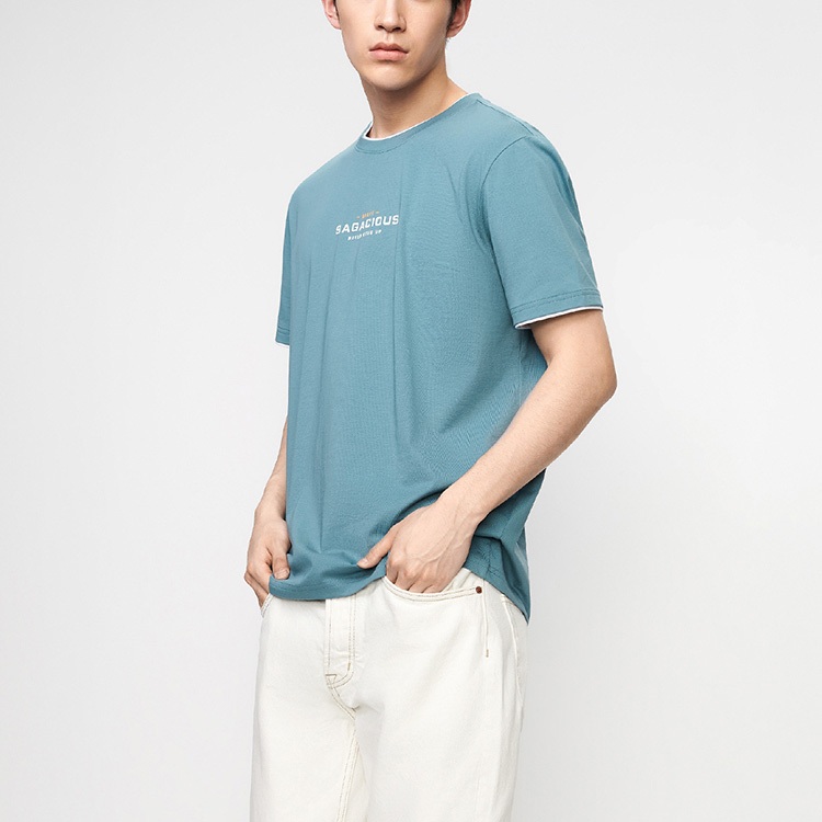 HLA - Áo thun nam ngắn tay in chữ viền cổ trắng cotton cao cấp White neckline letter printing light blue T-shirt