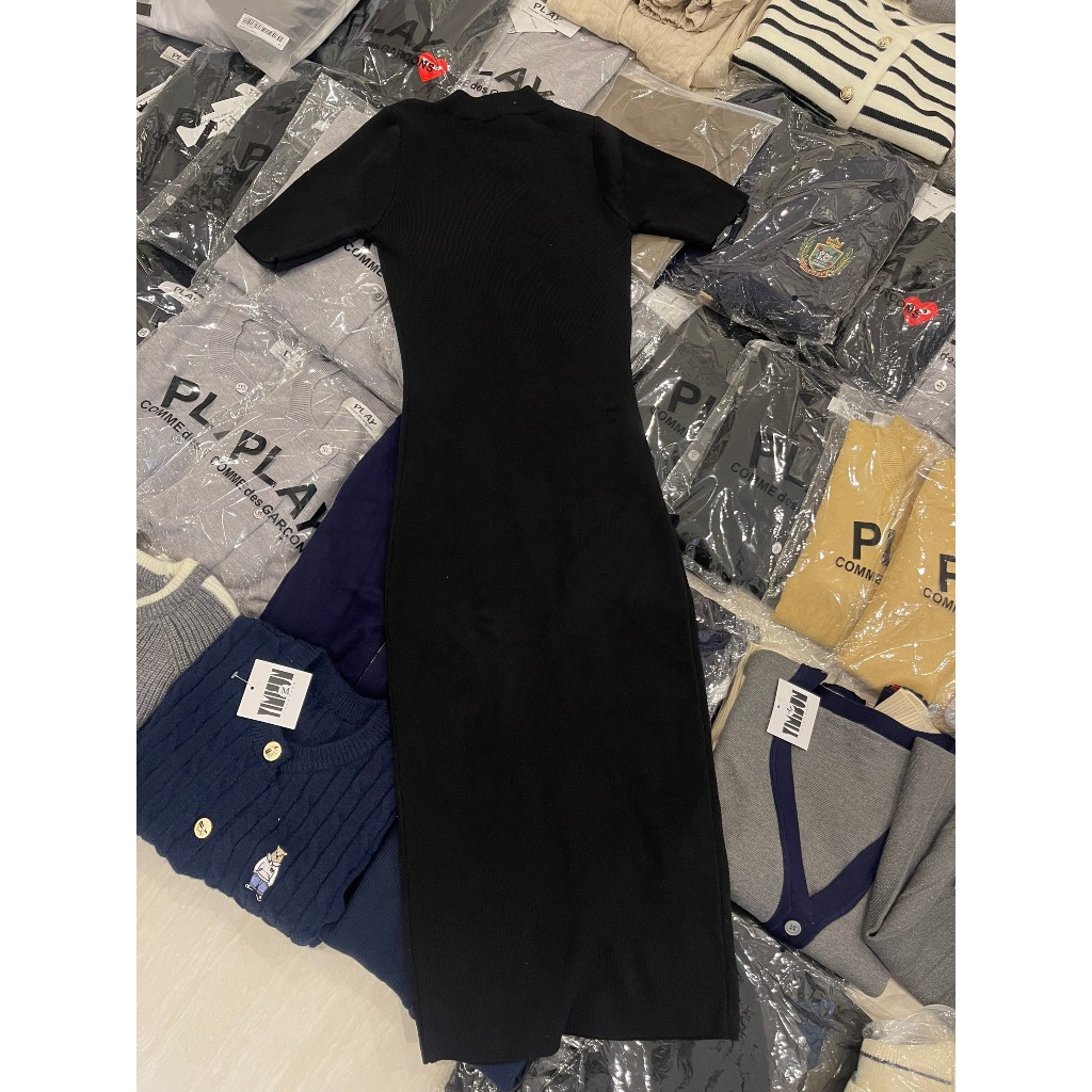 Đầm body H/M thun trơn dáng dài tay ngắn cổ tròn tôn dáng che khuyết điểm sang trọng kín đáo