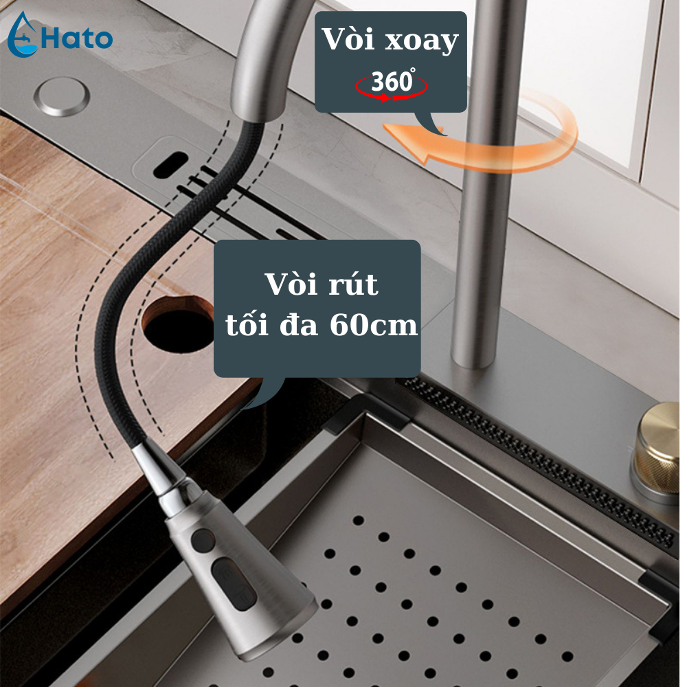 Chậu Rửa Bát 1 Hố Hato INOX SUS304 Cao Cấp Mạ Nano, Bồn Rửa Chén 1 Ngăn Lớn Kèm Vòi Thác Nước,Thớt, Khay Rửa, Xiphong