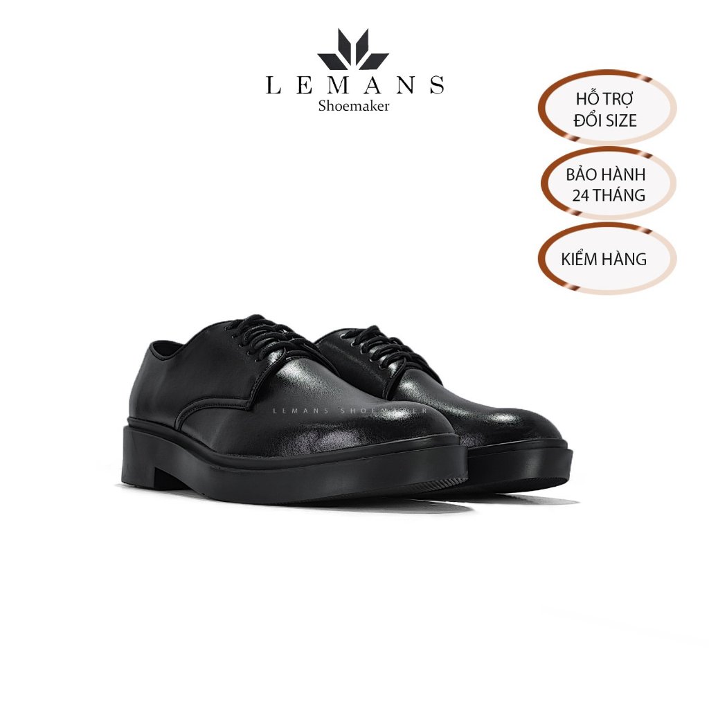 Giày tây công sở Modern Derby Black LEMANS GC08 - da bò nguyên tấm, giày tây đế tăng chiều cao 4cm, bảo hành 24 tháng