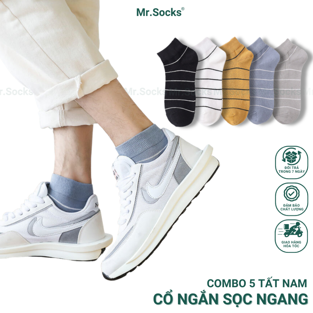 Set 5 đôi tất cổ thấp nam Mr.Socks hoạt tiết sọc ngang, chất liệu cotton hút ẩm thoáng khí khử mùi -NACN-SOCNGANG-CB5
