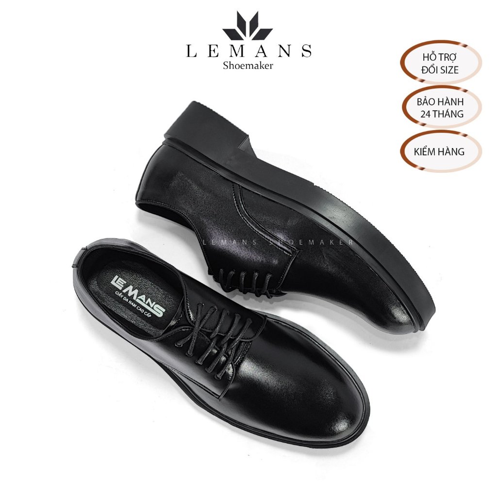 Giày công sở Modern Derby Black LEMANS GC08 da bò, đế tăng cao 4cm, giày tây tăng chiều cao ,bảo hành 24 tháng