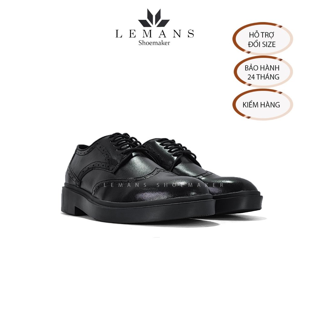 Giày da bò Derby Wingtip Black LEMANS, giày Tây Nam Công Sở Cao Cấp, giày da bò nguyên tấm, bảo hành chính hãng 24T