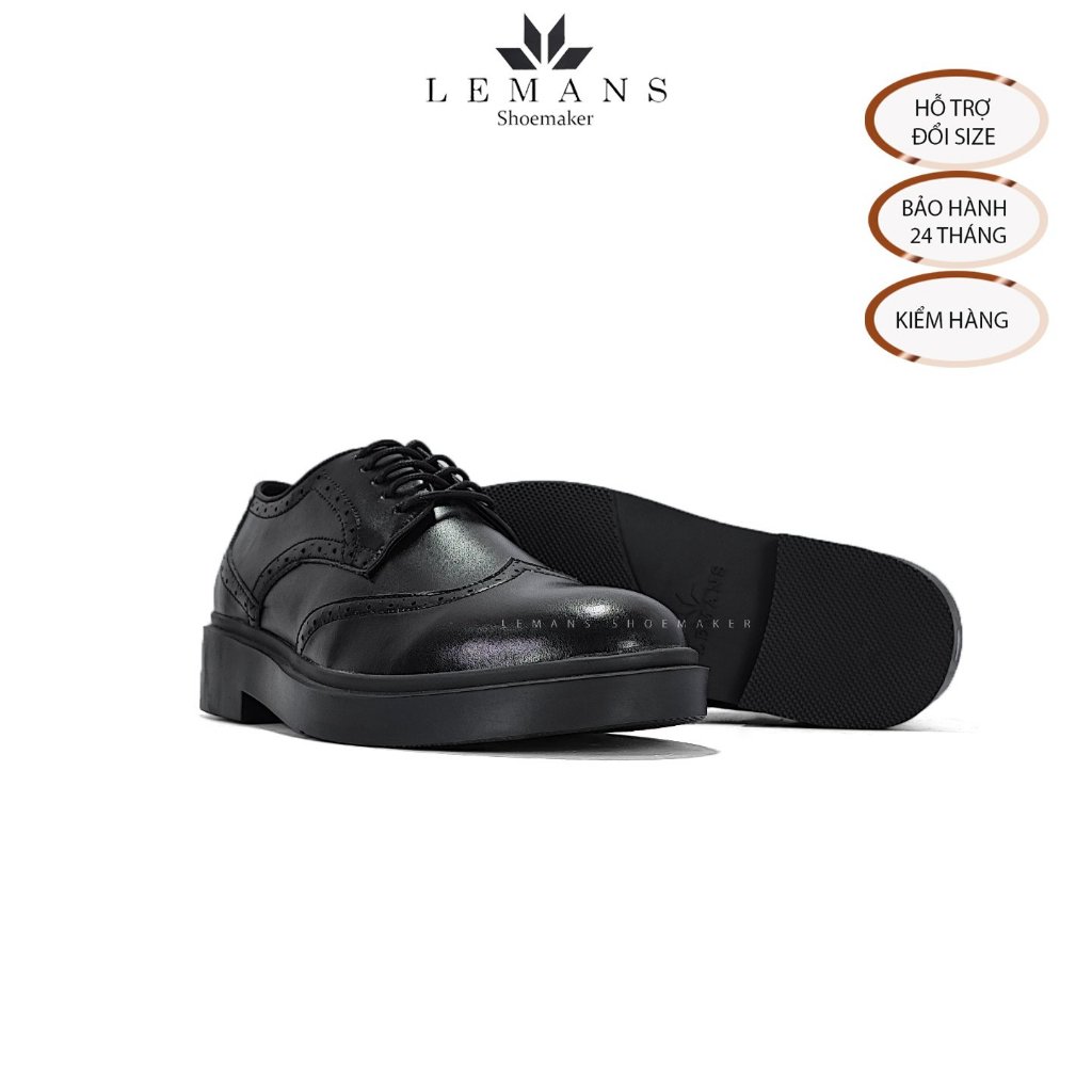 Giày da bò Derby Wingtip Black LEMANS, giày Tây Nam Công Sở Cao Cấp, giày da bò nguyên tấm, bảo hành chính hãng 24T