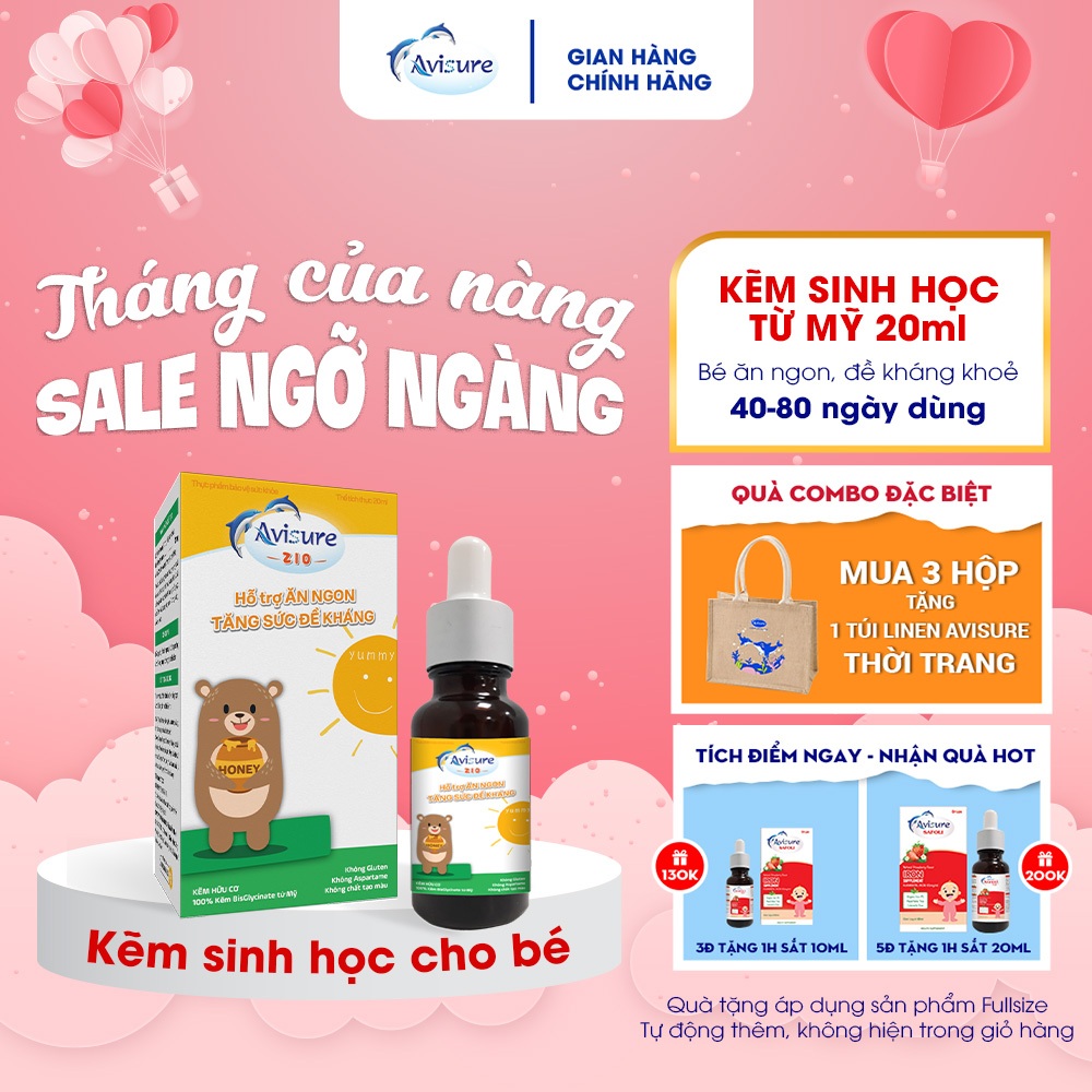 Siro Kẽm hữu cơ cho bé Avisure ZiO 20ml- Kẽm hữu cơ cho bé hỗ trợ cải thiện biếng ăn, đề kháng khỏe