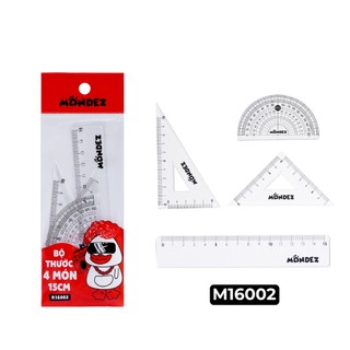 Bộ thước kẻ MONDEZ 4 món thước thẳng 15cm, thước eke, thước đo độ, làm bằng nhựa nguyên sinh an toàn cho bé M16002