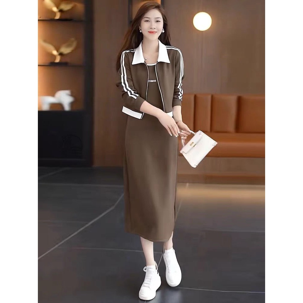 Set đồ thu đông gồm áo khoác và váy sát nách màu nâu siêu hót