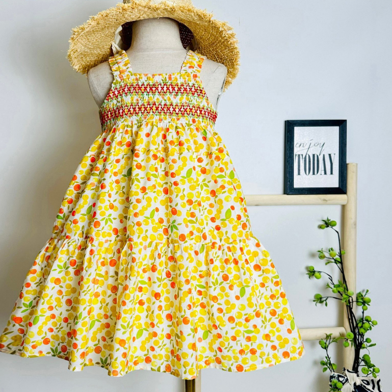 Đầm Cherry ngọt ngào thêu Smock dây dún đáng yêu cho bé gái, váy hai dây cho bé gái 3 -10 tuổi
