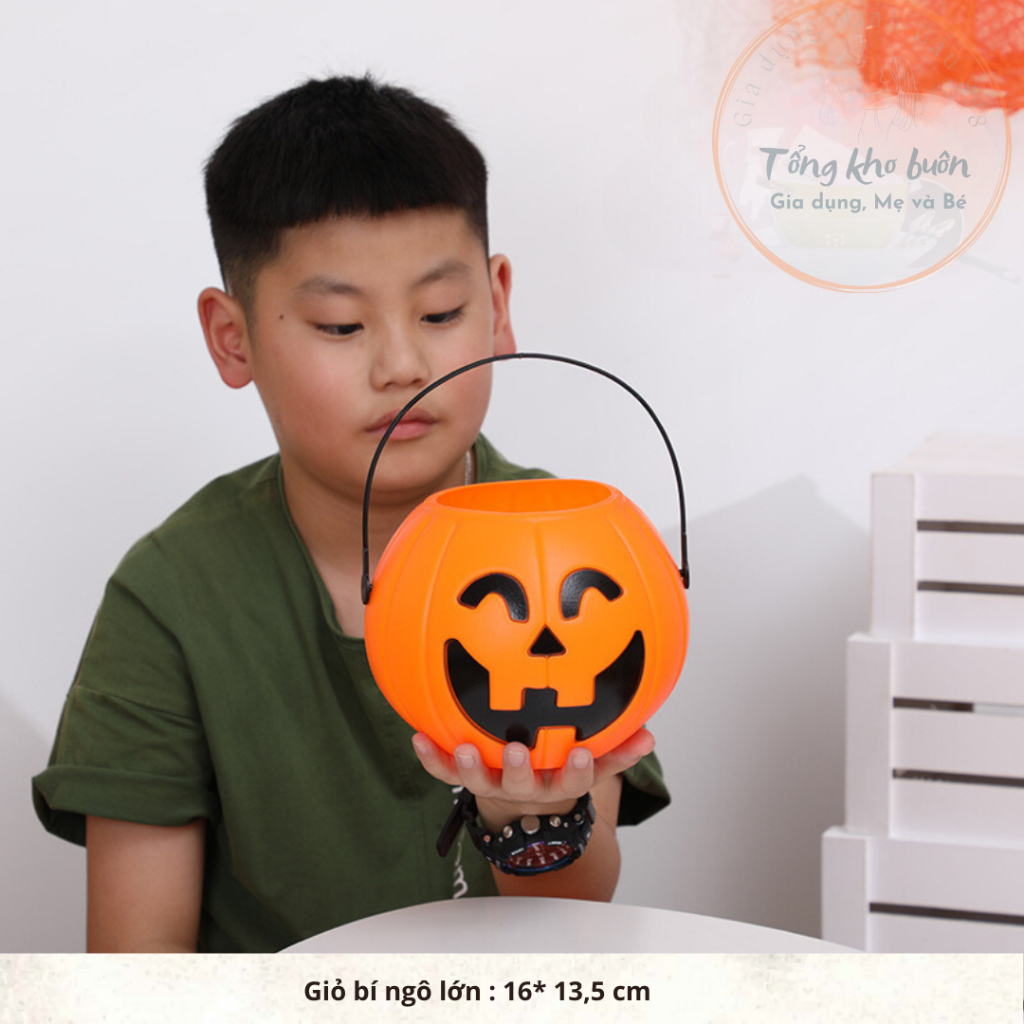 Đèn lồng Bí Ngô halloween - Giỏ đựng Bí Ngô xin kẹo có đèn 3 kích cỡ có tay cầm