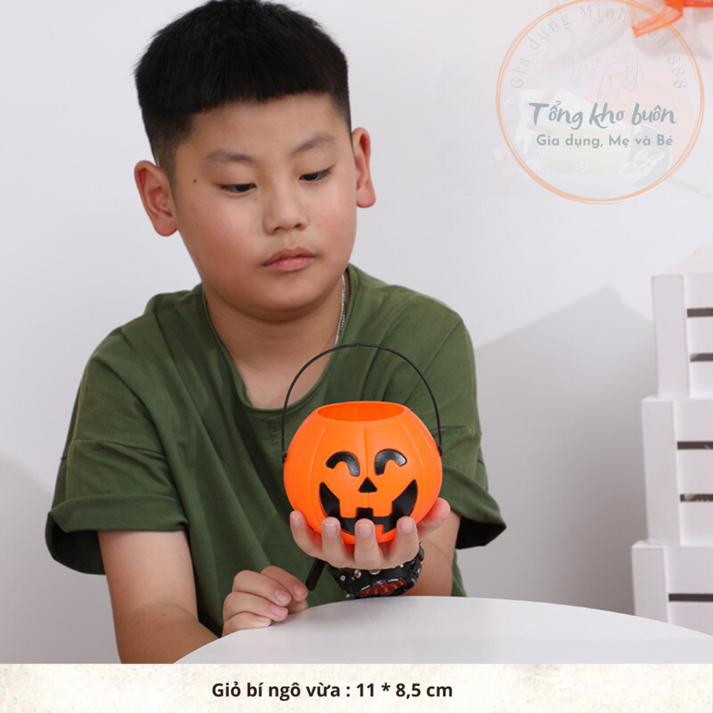 Đèn lồng Bí Ngô halloween - Giỏ đựng Bí Ngô xin kẹo có đèn 3 kích cỡ có tay cầm