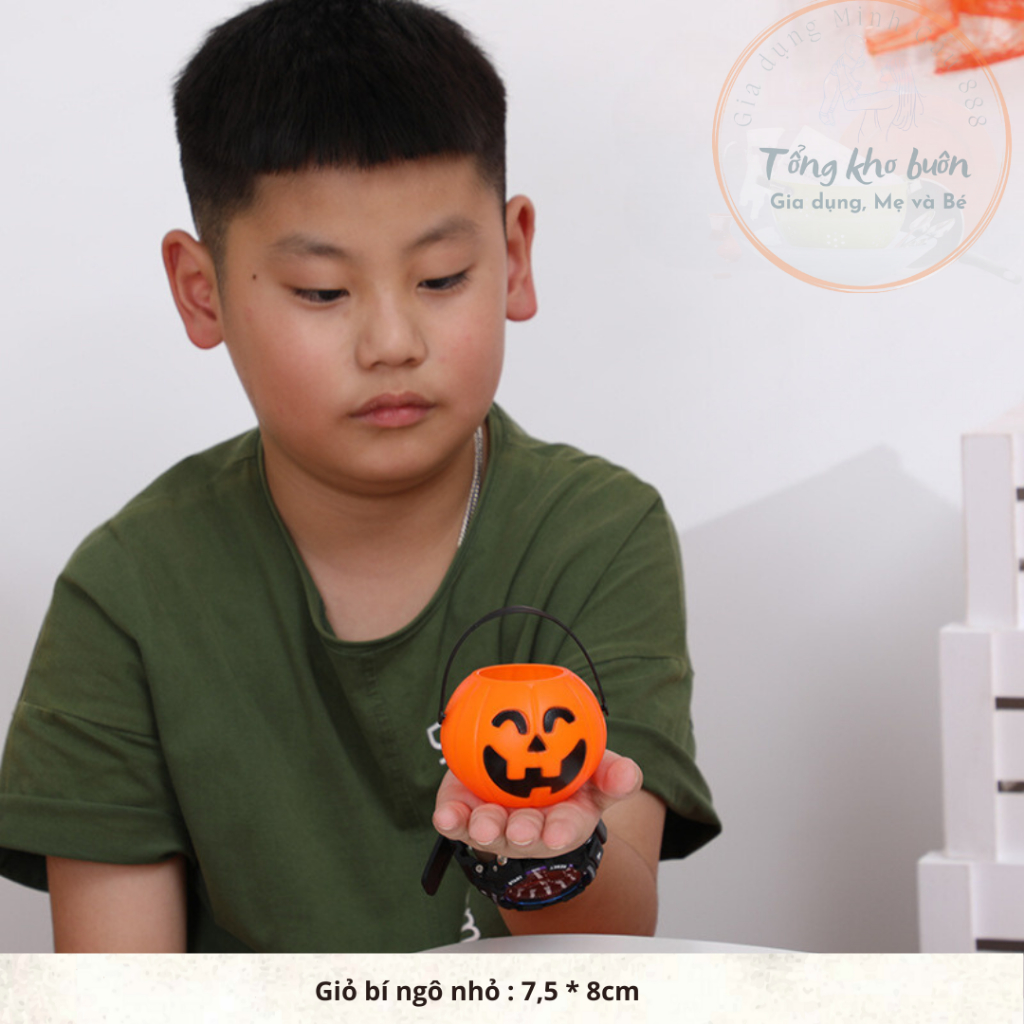 Đèn lồng Bí Ngô halloween - Giỏ đựng Bí Ngô xin kẹo có đèn 3 kích cỡ có tay cầm